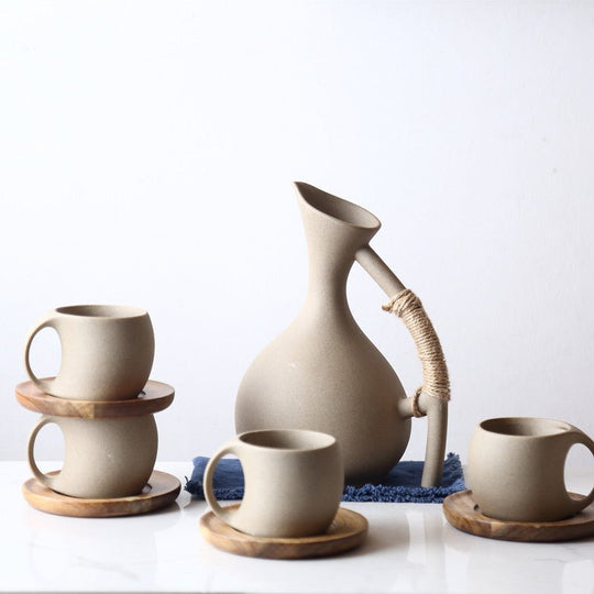 Handmade Pottery Jug and Cups Set with Wooden Saucers – 9-Piece Ceramic Drinkware