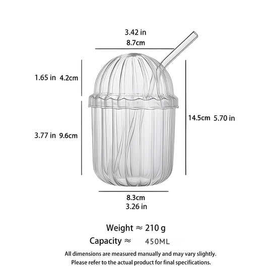 450ml ribbed glass mug with straw and lid – stylish tumbler for iced coffee, milk, juice, tea, smoothies, and beer.
