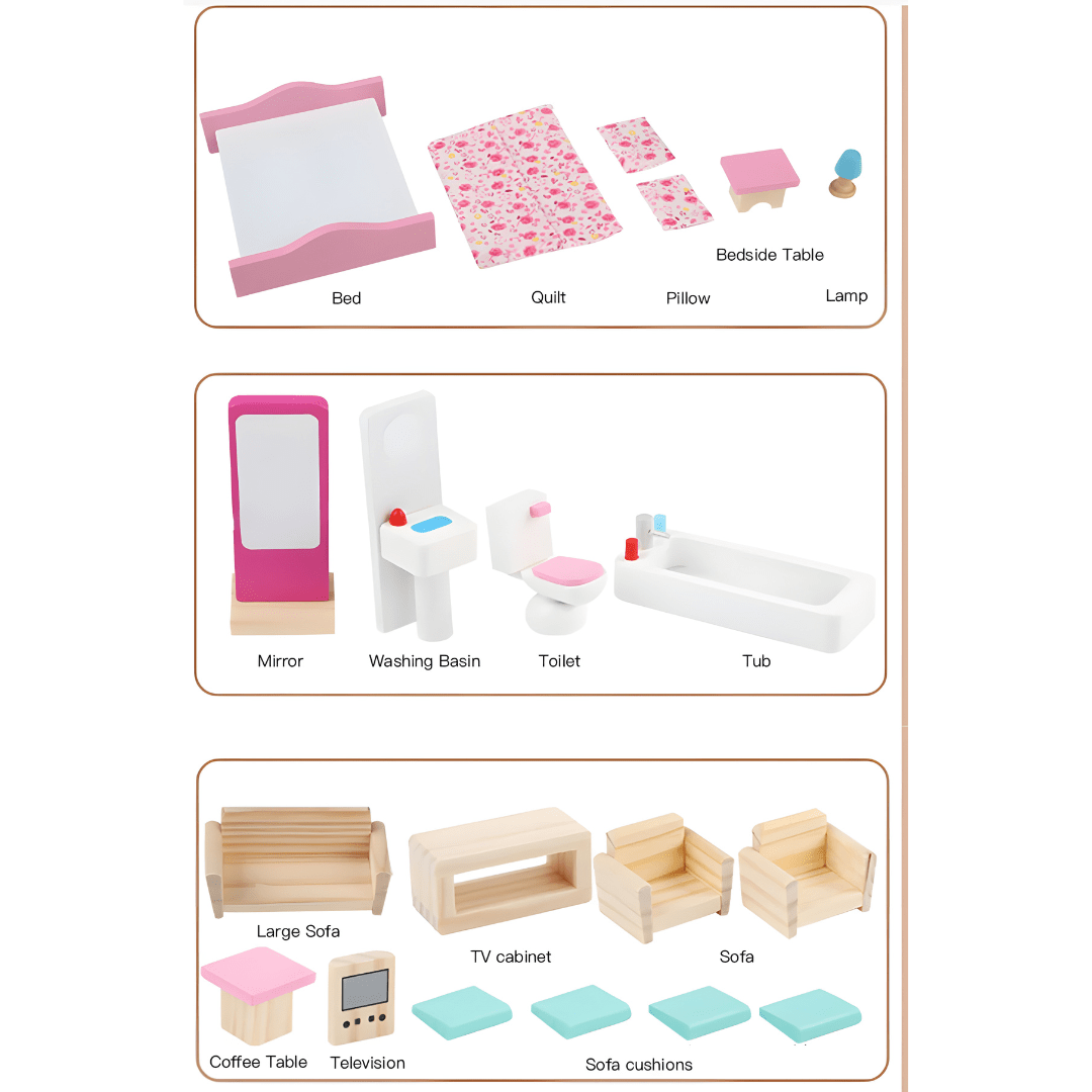 Wooden Dollhouse with Full Furniture Set – 3-Level Playhouse for Girls