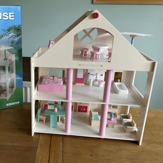 Wooden Dollhouse with Full Furniture Set – 3-Level Playhouse for Girls