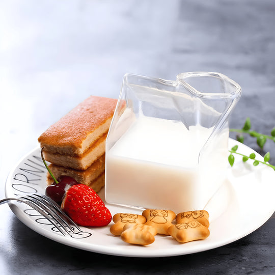 Milk box shaped clear glass cup filled with milk – Beirut, Lebanon