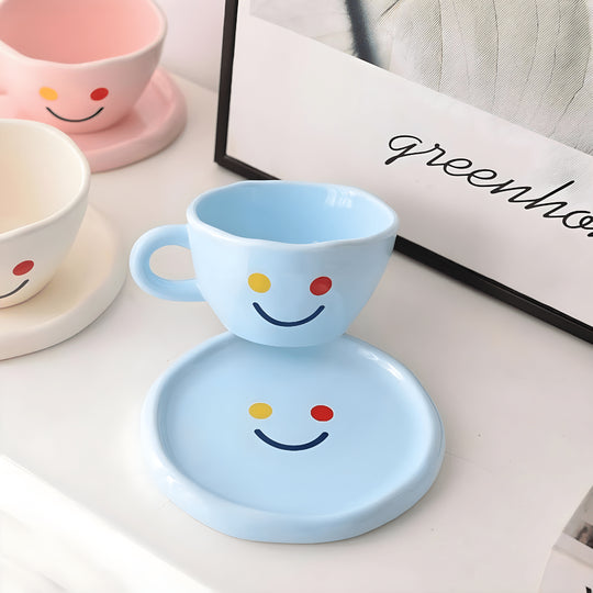 Premium ceramic smile cup with saucer 260ml, Korean-style hand-painted mug, sold in Beirut Lebanon