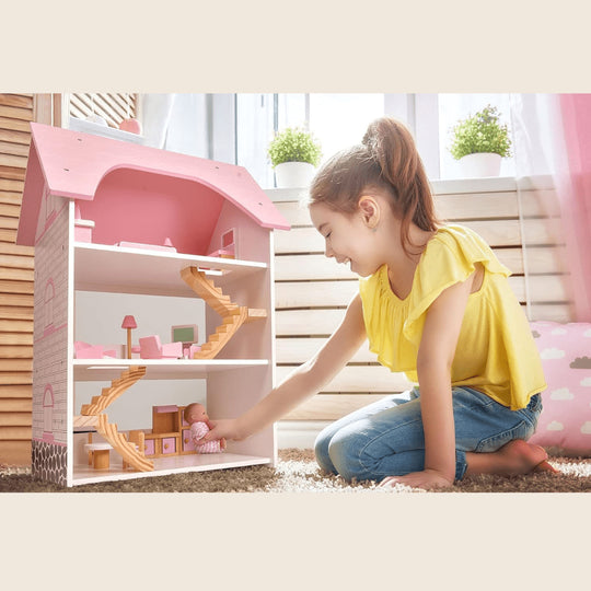 Houten poppenhuis met houten meubels, 23 stuks accessoires