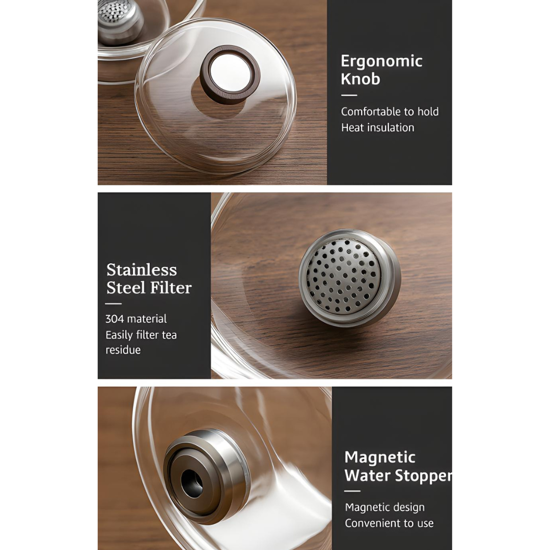 Magnetic Glass Teapot with Rodless Push-Button Control – 600ml Borosilicate with Wood-Style Handle & Stainless Steel Filter