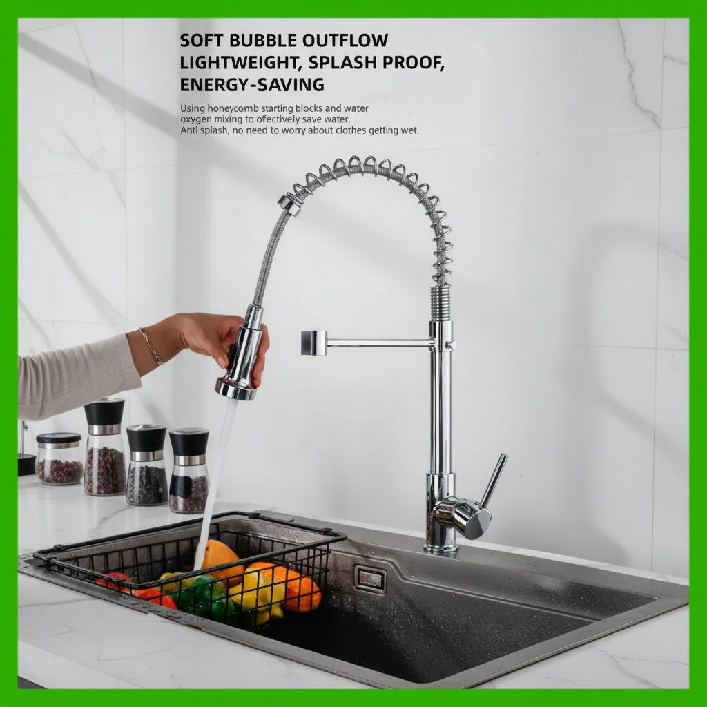 Pull-out kitchen sink faucet with 360 degree rotating spring design