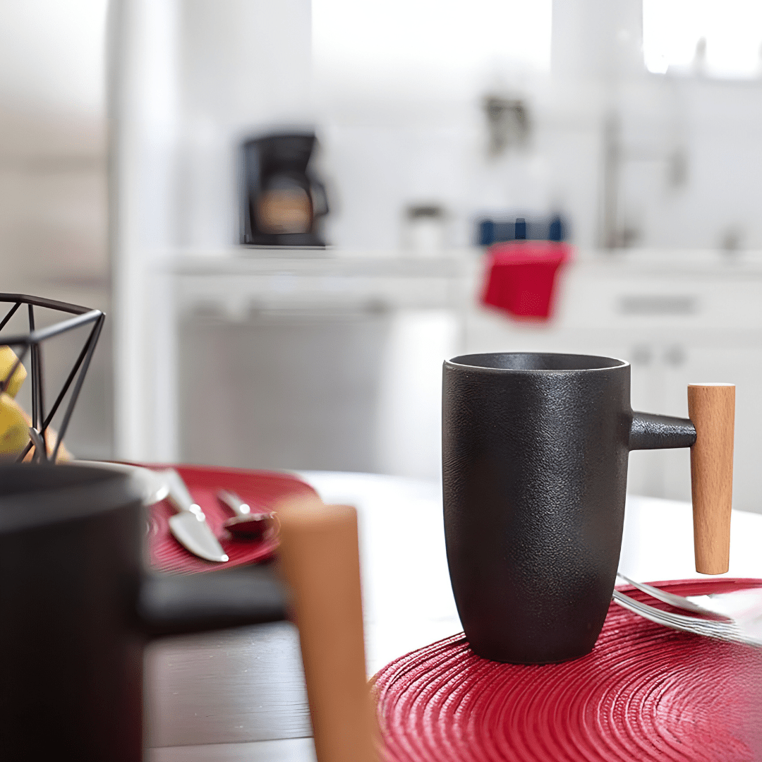 Vintage handmade ceramic mug 350ml with wooden handle – premium coffee and tea cup, available in Beirut Lebanon