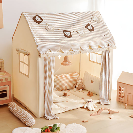 Kids play tent with pine wood frame, bear design, string lights, curtain & floor mat – Beirut