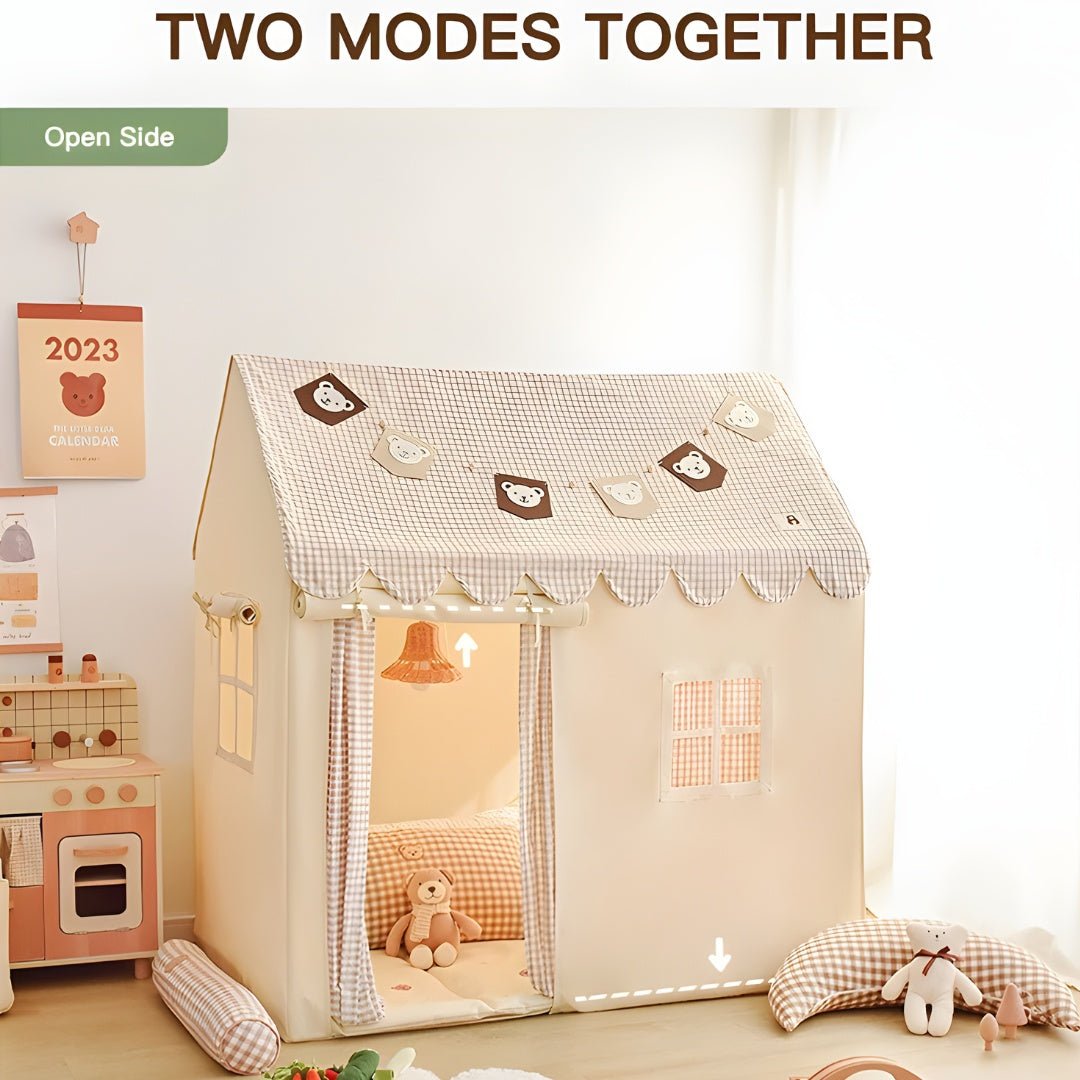 Kids play tent with pine wood frame, bear design, string lights, curtain & floor mat – Beirut