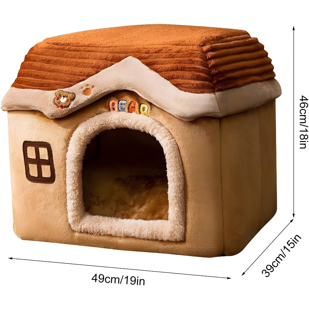 Plush pet house with labeled dimensions 49x39x46 cm, designed by European House Hold for small pets seeking a cozy and spacious indoor shelter
