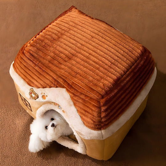 Adorable white dog peeking out of a soft plush pet house with a cozy brown roof, designed by European House Hold for small pets