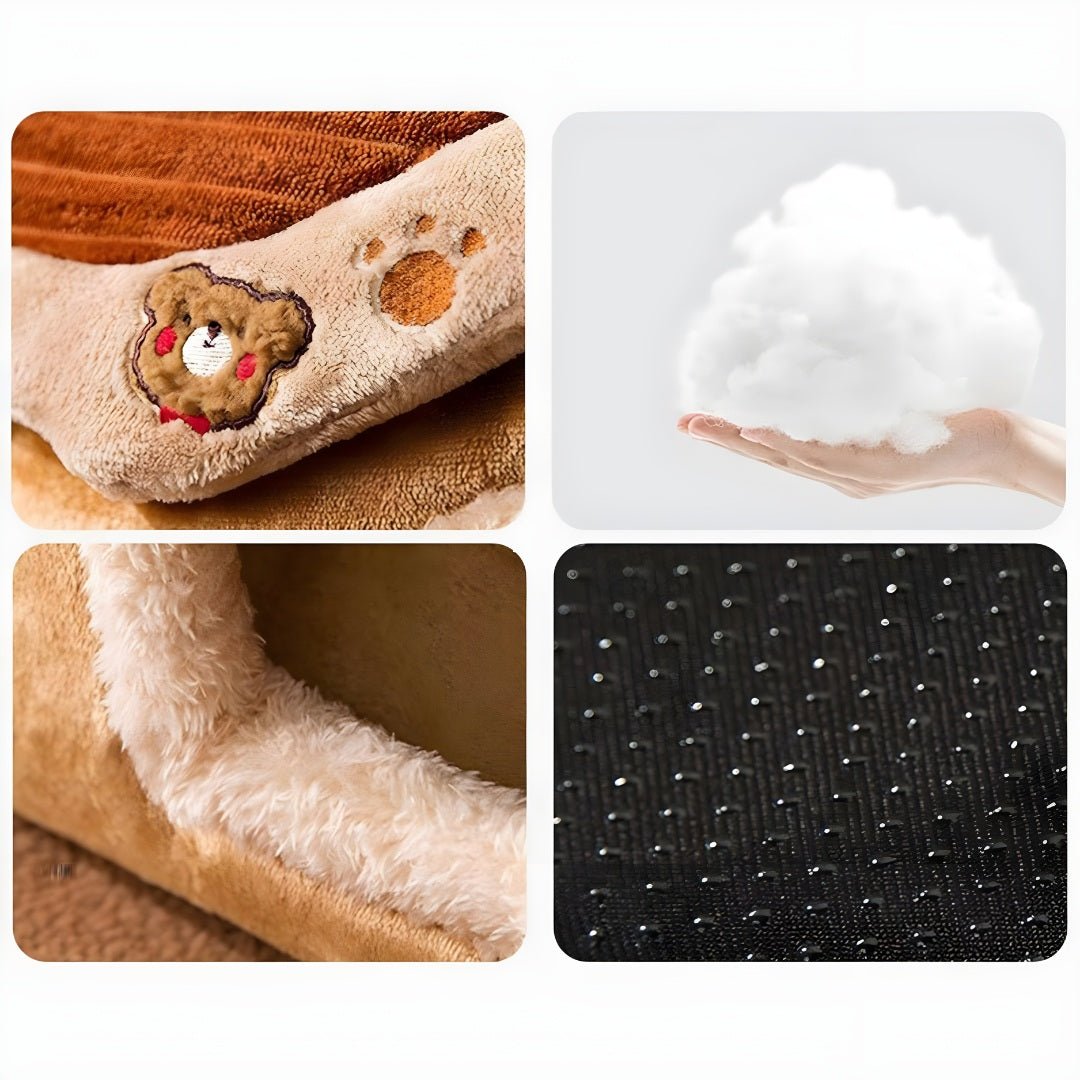 Close-up details of plush pet house materials, including soft fleece fabric, stuffing, anti-slip base, and embroidery — quality craftsmanship by European House Hold