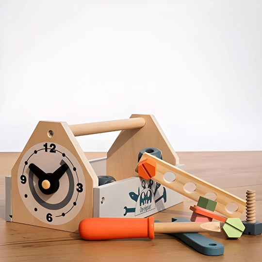 Vroege educatieve leermiddelen voor kinderen: houten reparatieset, gereedschapskist, speelgoed