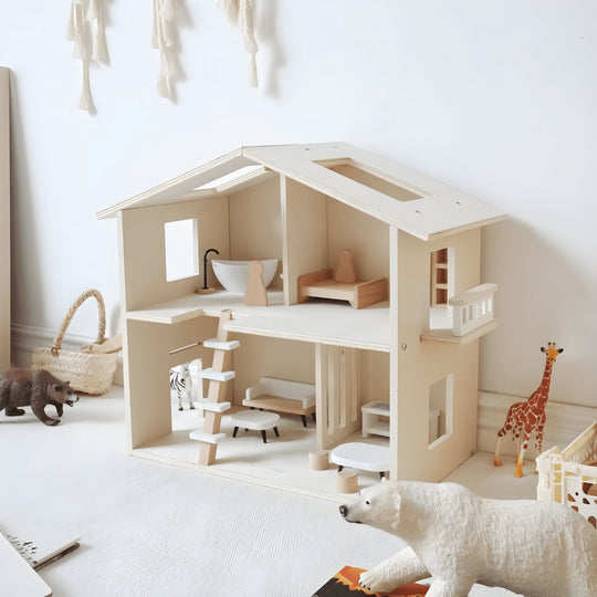 Premium wooden dollhouse with furniture set – natural wood finish