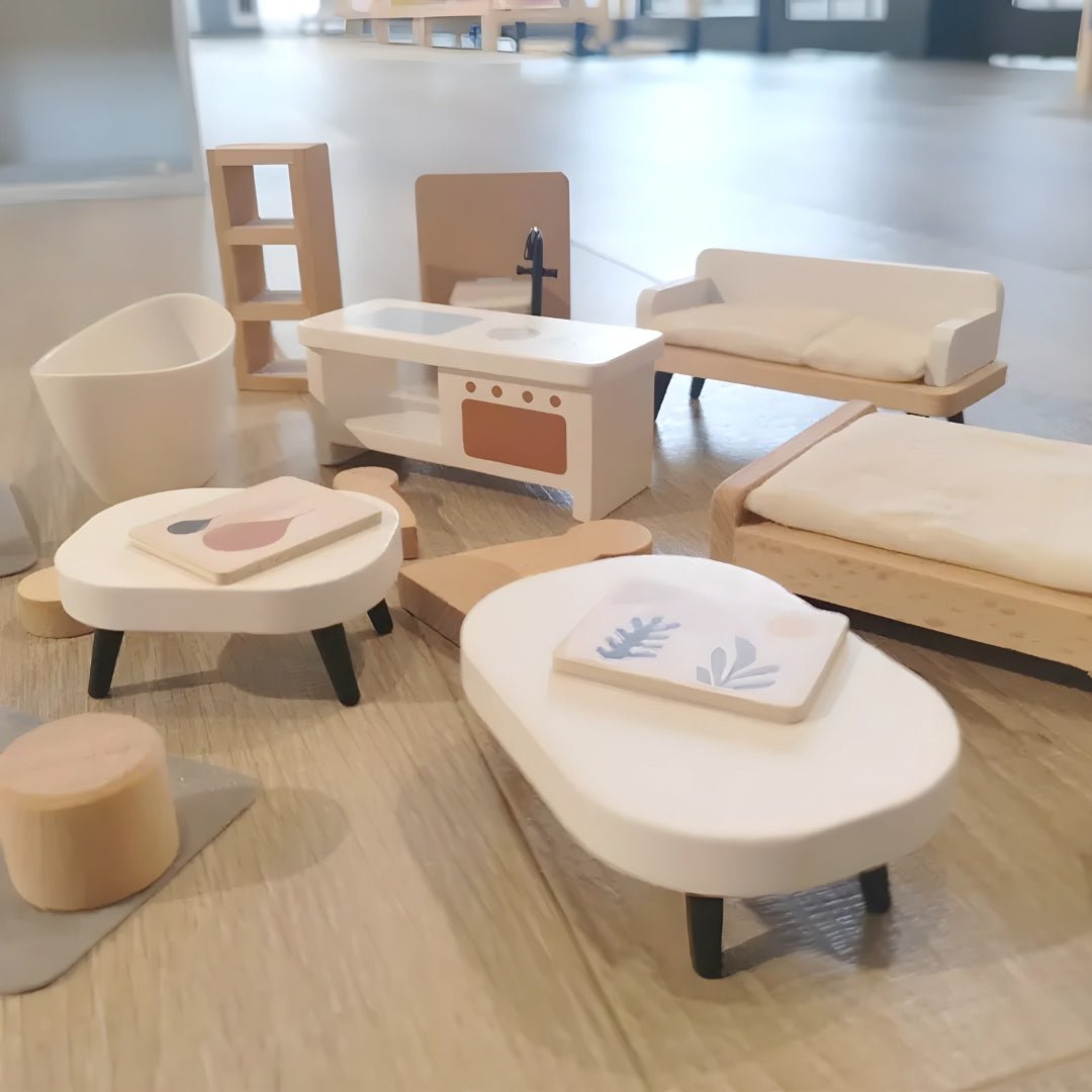 Premium wooden dollhouse with furniture set – natural wood finish