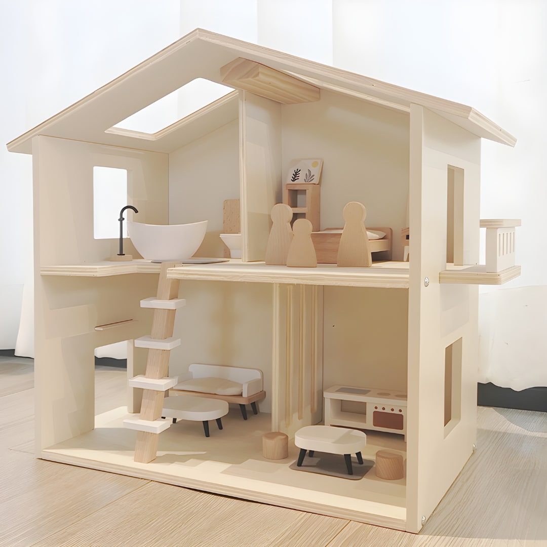 Premium wooden dollhouse with furniture set – natural wood finish