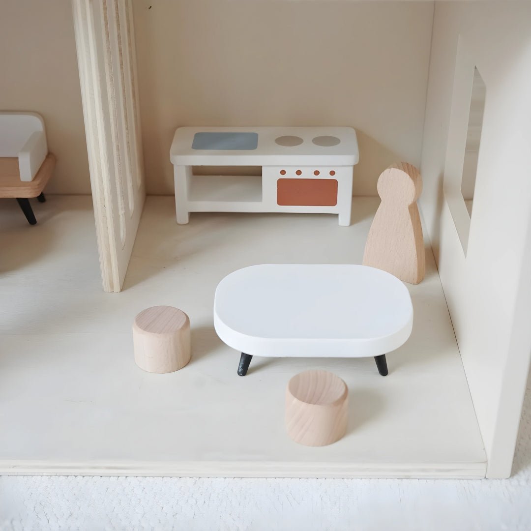 Premium wooden dollhouse with furniture set – natural wood finish