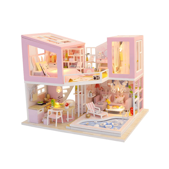 Eerste liefde DIY miniatuur meubels houten huis met led-licht voor meisjes