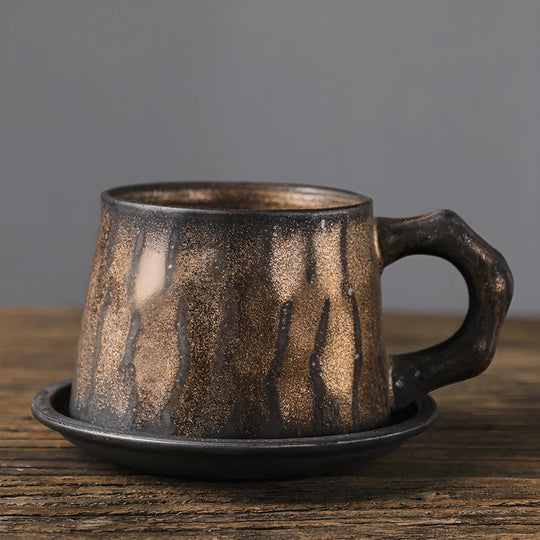 Handgemaakte Japanse koffiemok met schotel en handvat 320 ml