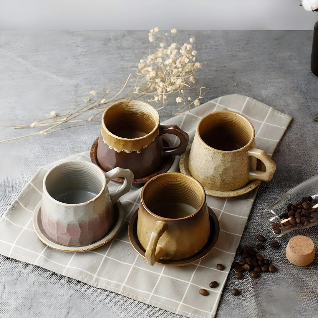 Handmade Japanese ceramic coffee mug with handle and matching saucer (320ml)