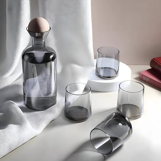 Handgemaakte kannenset van hoog borosilicaatglas met bamboe deksel en 4 glazen