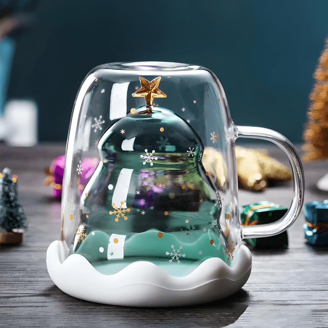 Premium kerst dubbelwandig glas met onderzetter 300 ml