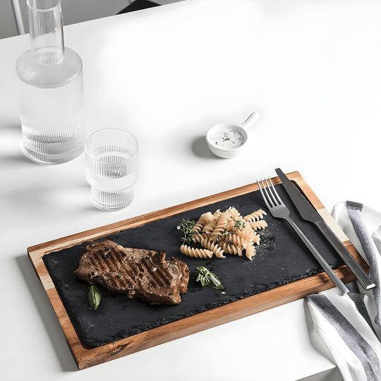 Acacia wood steak serving board with slate stone – rectangle or square, available in Lebanon