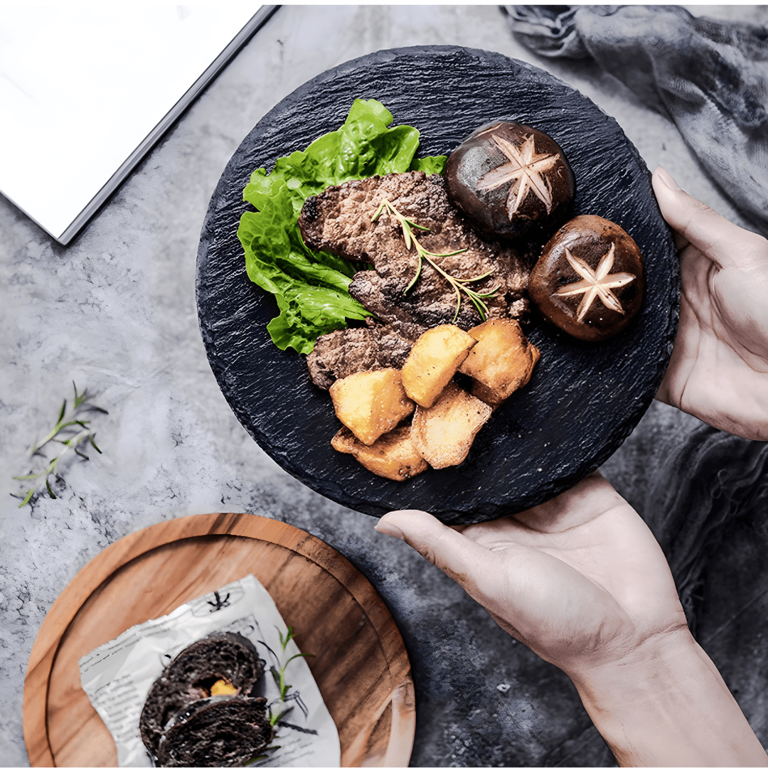 Wooden steak and pizza tray with slate plate and handle – available in Lebanon