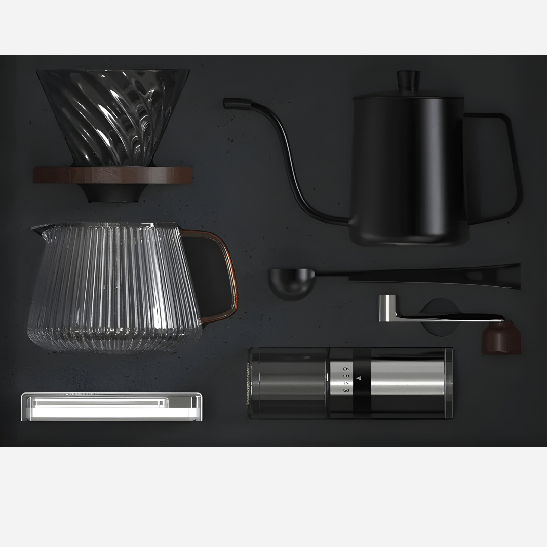 Premium pour-over coffee set with kettle, grinder, dripper, and accessories in gift box.