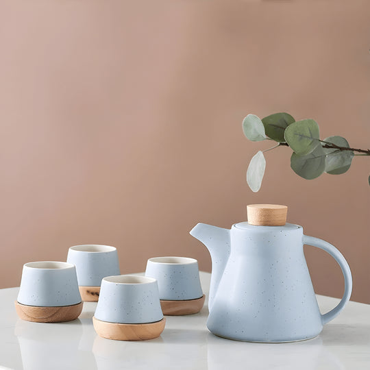 Nordic Matte Porcelain Tea Set – 750ml Teapot with 4 Cups, Infuser & Wooden Coasters