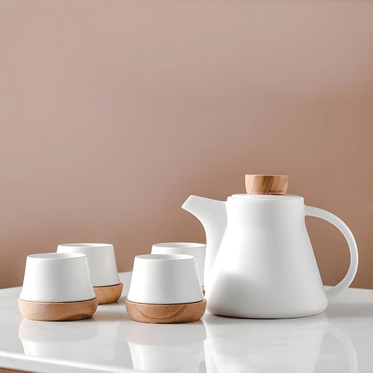 Nordic Matte Porcelain Tea Set – 750ml Teapot with 4 Cups, Infuser & Wooden Coasters