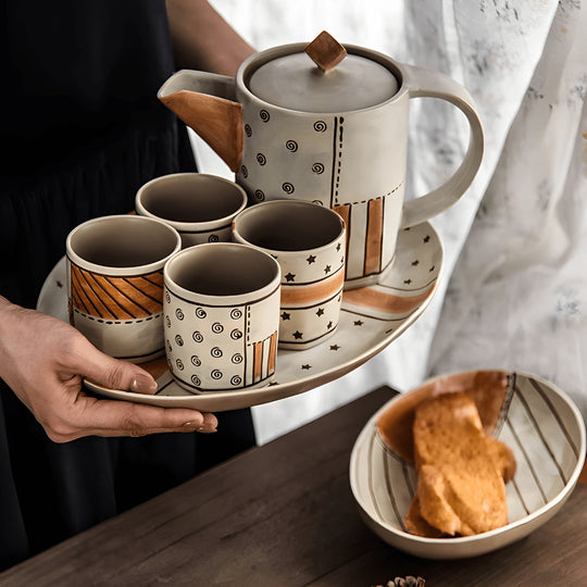 Hand-Painted Stoneware Tea Set – Artisan Teapot with 4 Cups & Tray