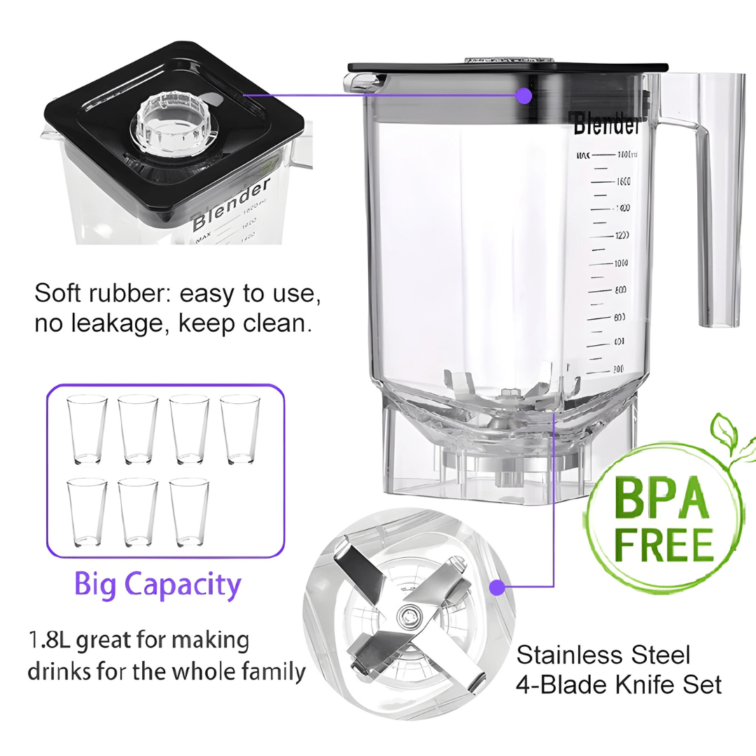 2000W Commercial Blender – 1.8L, Ice Crusher, 6-Blade Stainless Steel