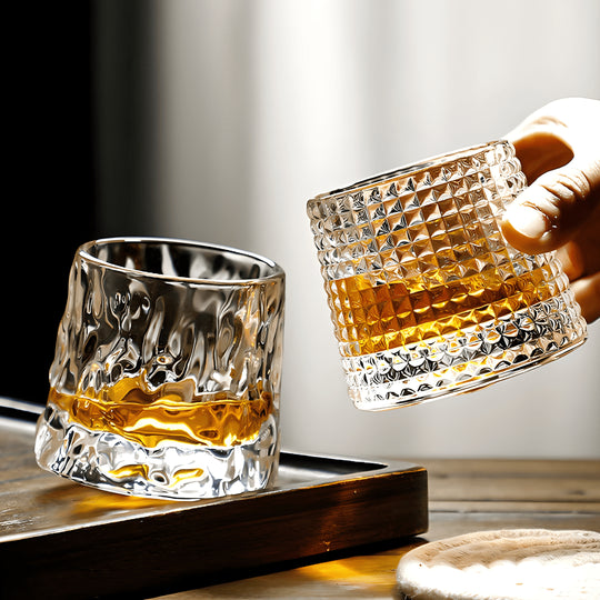 150ml rotating whisky glass with hemispherical base, hand-blown lead-free crystal – available in 3 elegant designs for premium drinkware lovers in Beirut