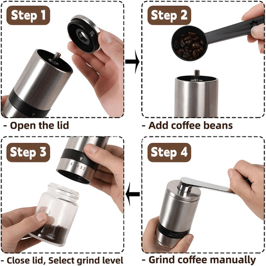 Manual Coffee Grinder with Stainless Steel Body and Glass Jar – Adjustable Coarseness