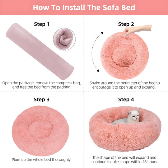 Soft faux fur donut cat or dog bed – 80cm, pink or gray, washable