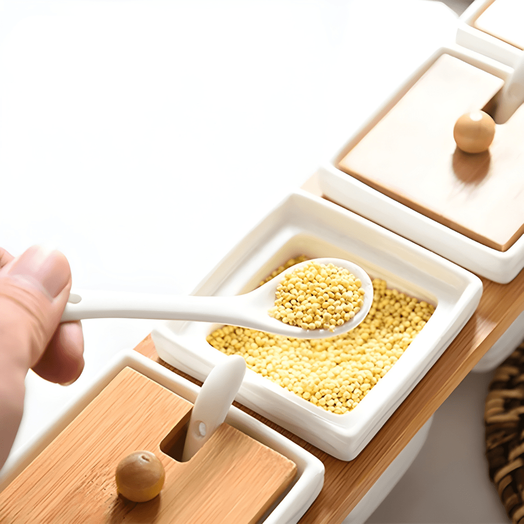 Ceramic Spice Box Set with Bamboo Stand and 3 Spoons