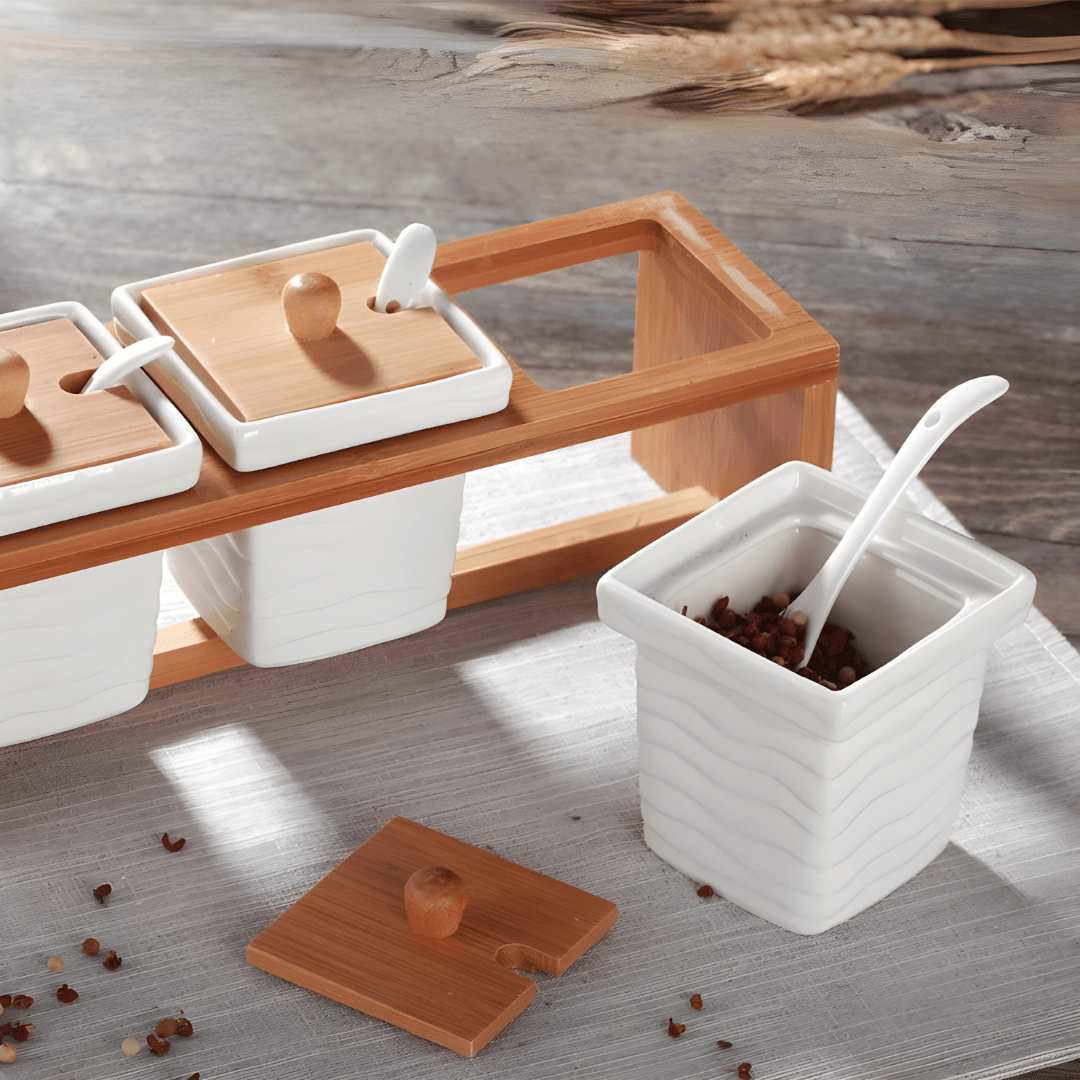 Ceramic Spice Box Set with Bamboo Stand and 3 Spoons