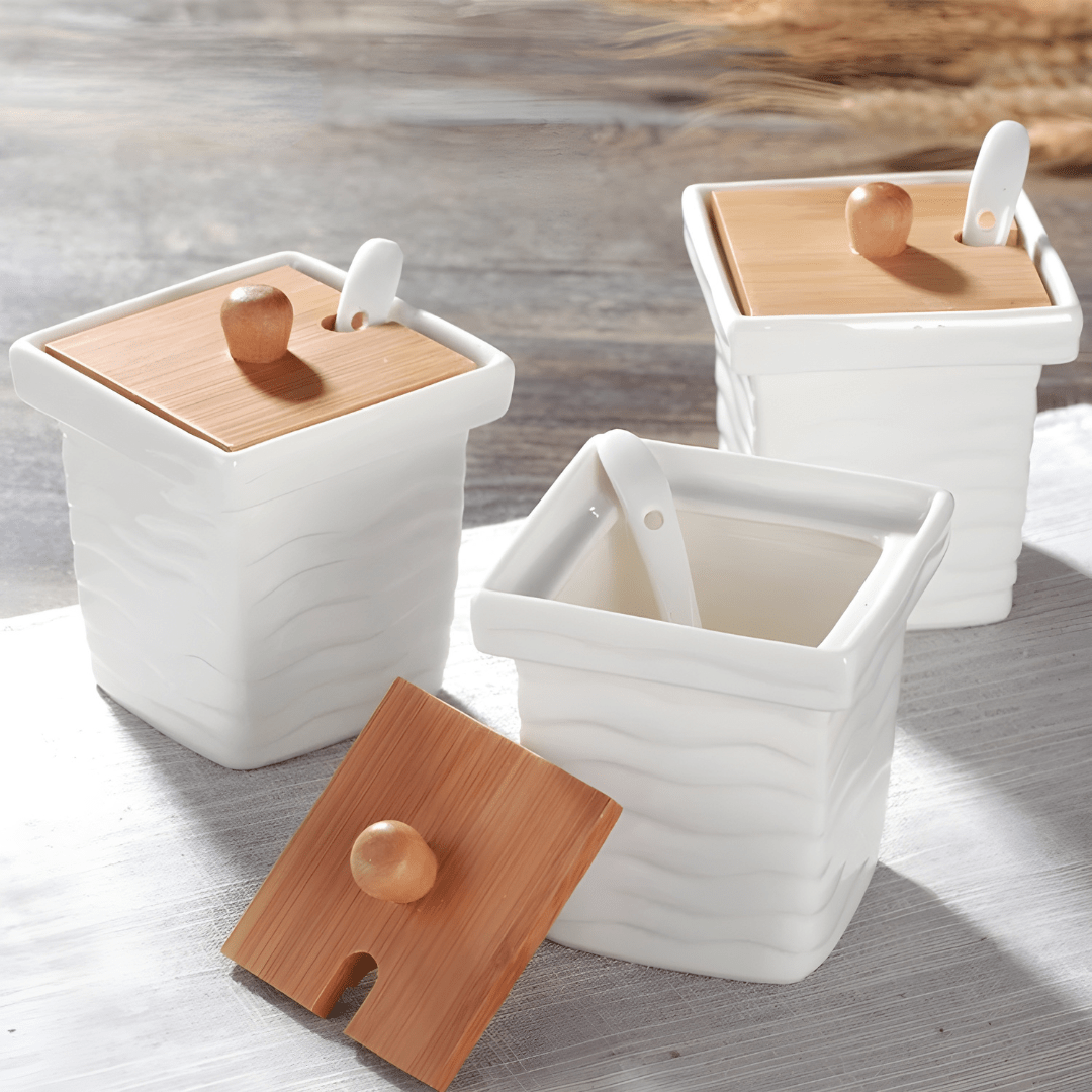 Ceramic Spice Box Set with Bamboo Stand and 3 Spoons