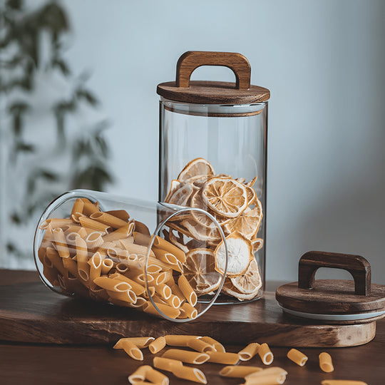 Glass Storage Jar with Wooden Lid – Airtight Kitchen Canister (3 Sizes)