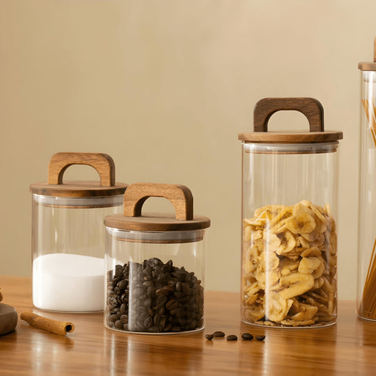 Glass Storage Jar with Wooden Lid – Airtight Kitchen Canister (3 Sizes)