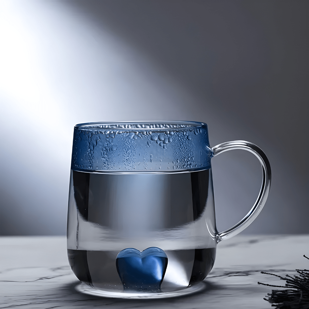 Transparent borosilicate glass cups with pink and blue heart designs, featuring gradient color and elegant handles – 400ml capacity.