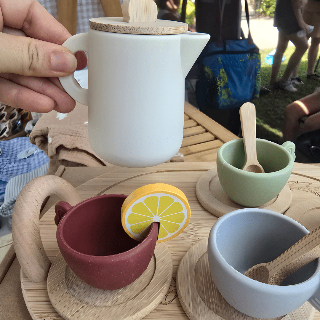 Wooden toy tea party set for kids – 13-piece BPA-free silicone and wood play tea set in Morandi soft tones, safe and fun pretend play gift available in Beirut Lebanon