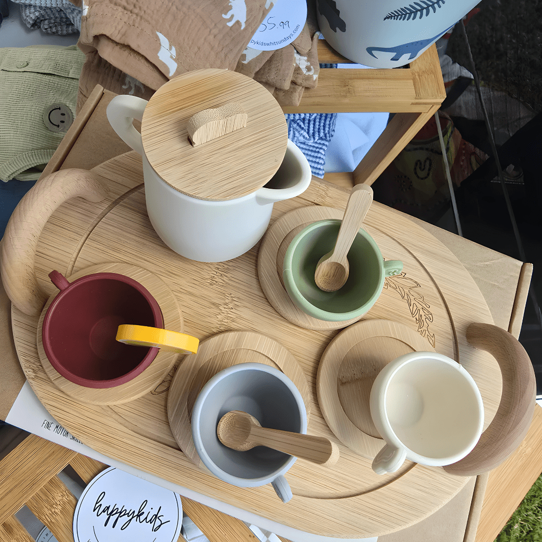 Wooden toy tea party set for kids – 13-piece BPA-free silicone and wood play tea set in Morandi soft tones, safe and fun pretend play gift available in Beirut Lebanon