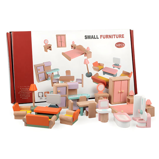 Wooden dollhouse furniture set 24 pieces for kids pretend play, solid wood toy gift available in Beirut Lebanon