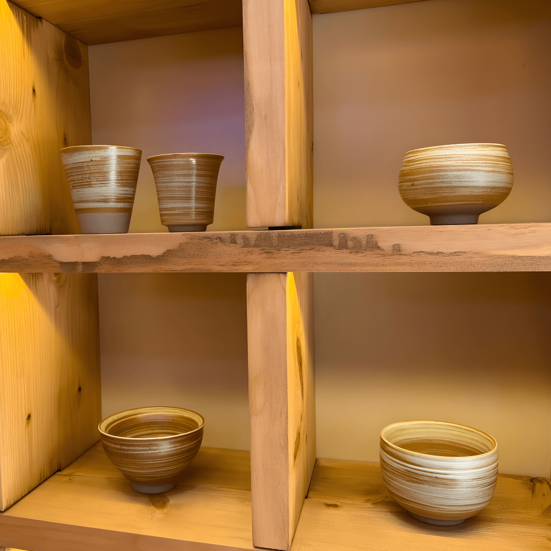 Handmade retro stoneware tea cup set of 7 pieces in warm earth tones, ideal for tea or coffee, displayed with size details – perfect for Beirut homes.