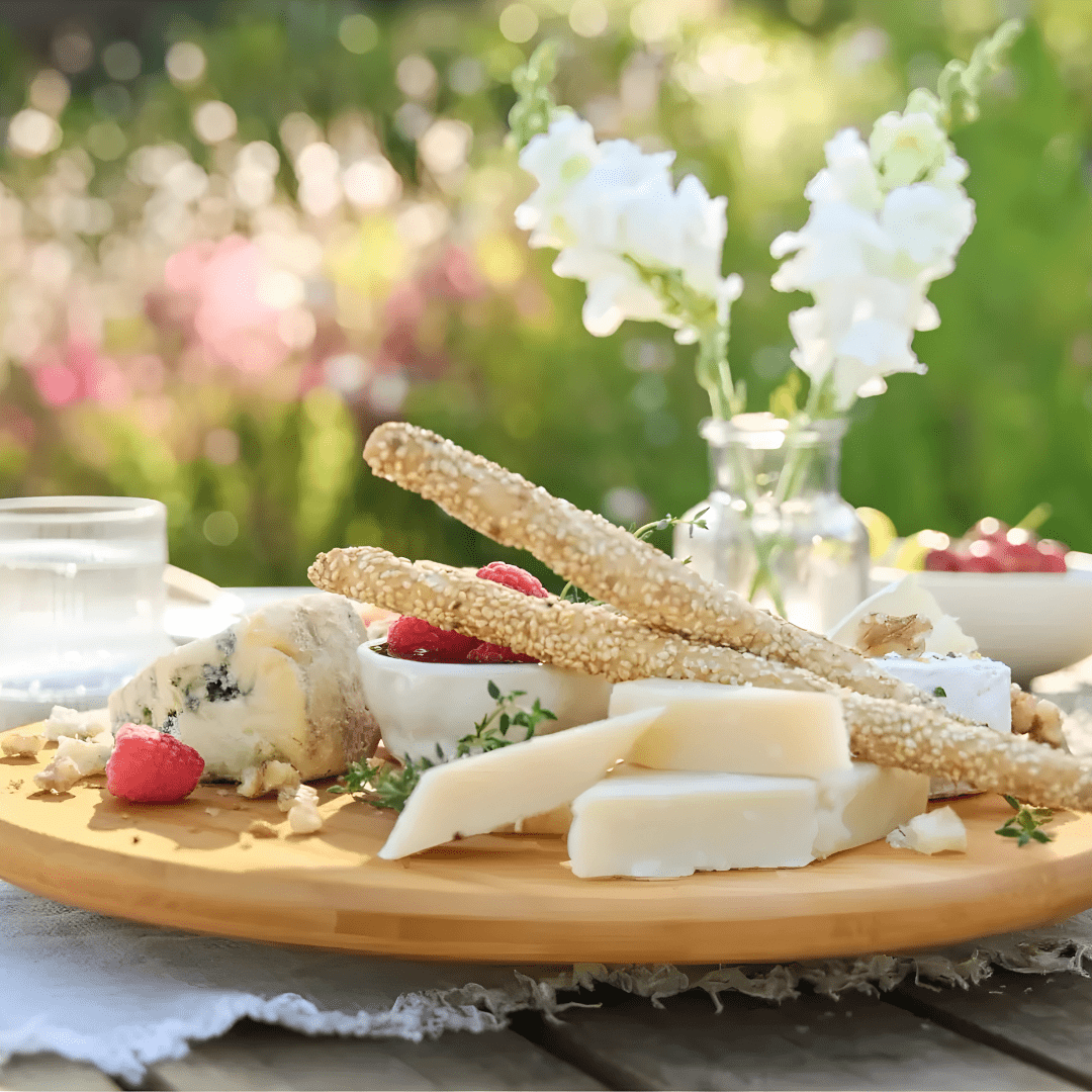 Rotatable bamboo serving board with cheese and snacks – Beirut market