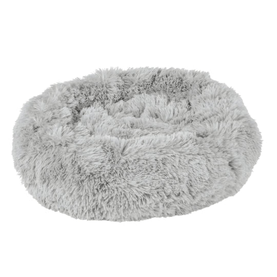 Fluffy round gray dog bed without cushion