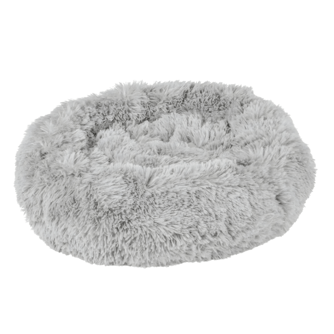 Fluffy round gray dog bed without cushion