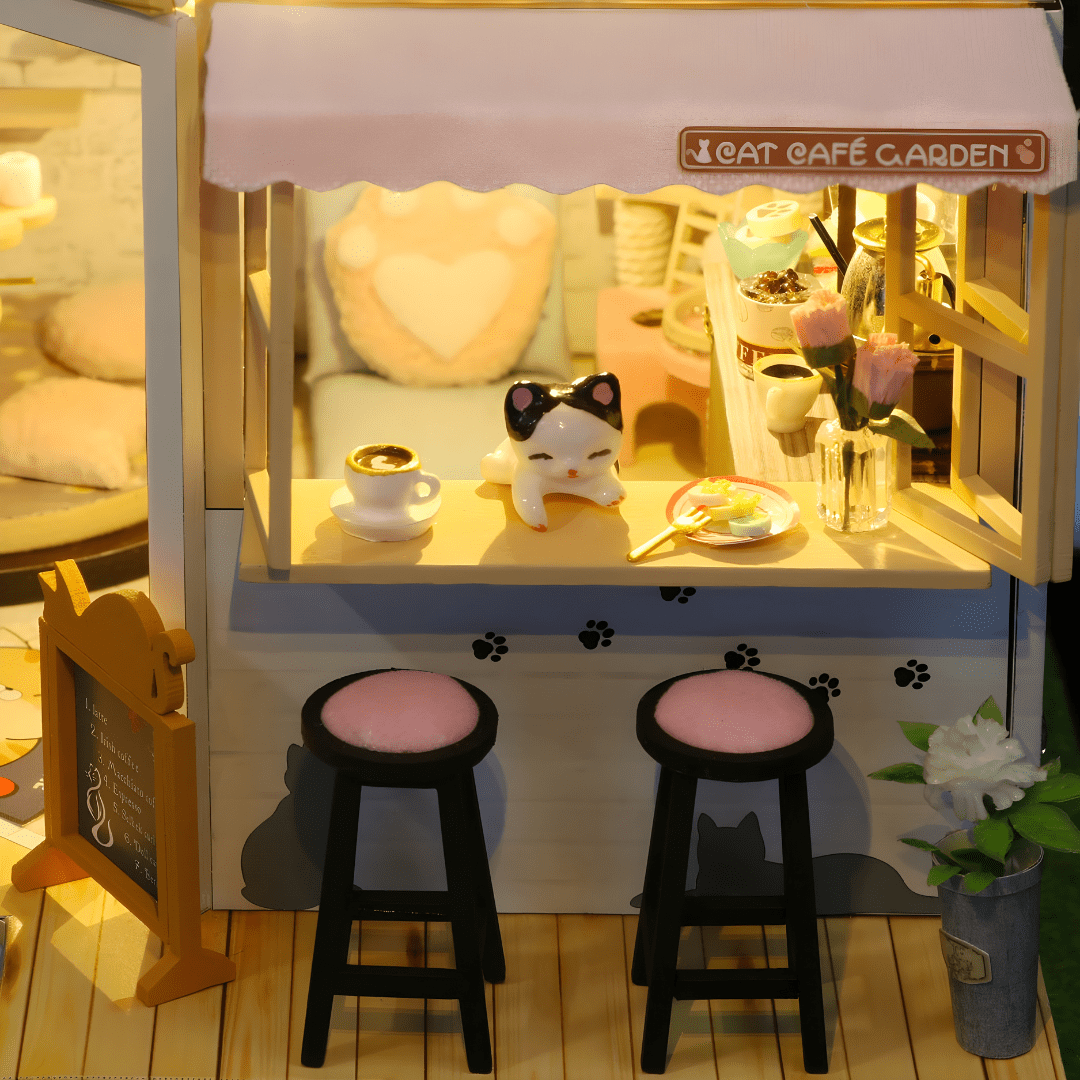 DIY Miniature Cat Café Garden – LED, Music & Dust Cover