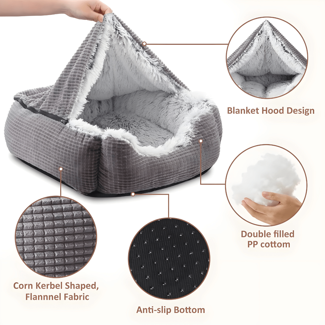 Hooded dog bed with blanket for small and medium breeds – soft faux fur – Beirut Lebanon